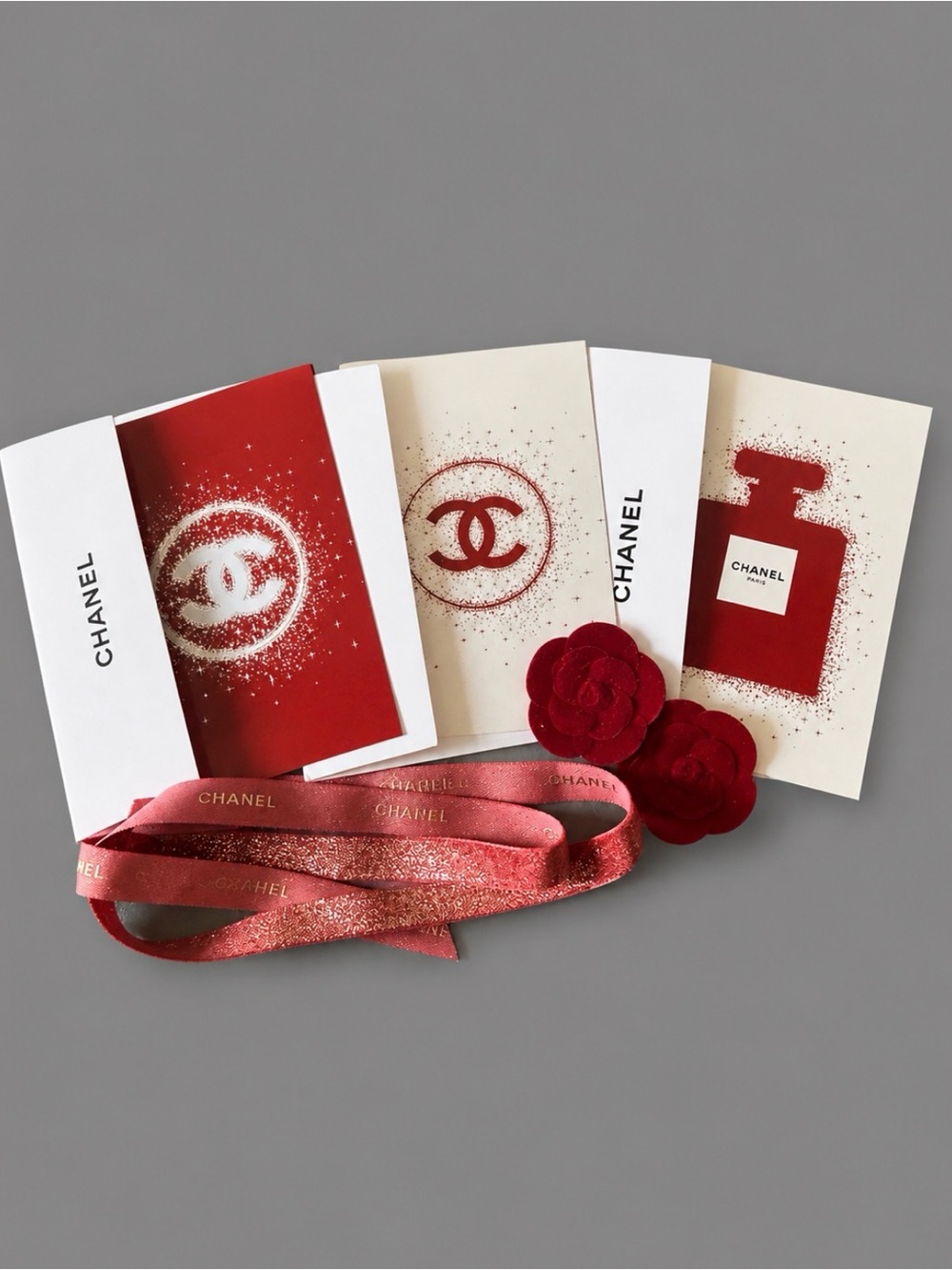 CHANEL 2018 Holiday Christmas Cards Set 3 Cards + Camellia Stickers + Ribbon
